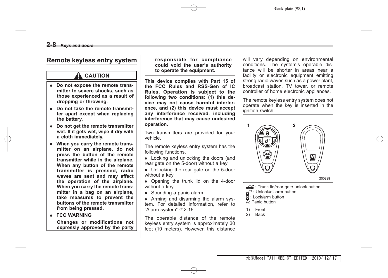 Remote keyless entry system | Subaru 2011 Impreza WRX User Manual | Page 98 / 459