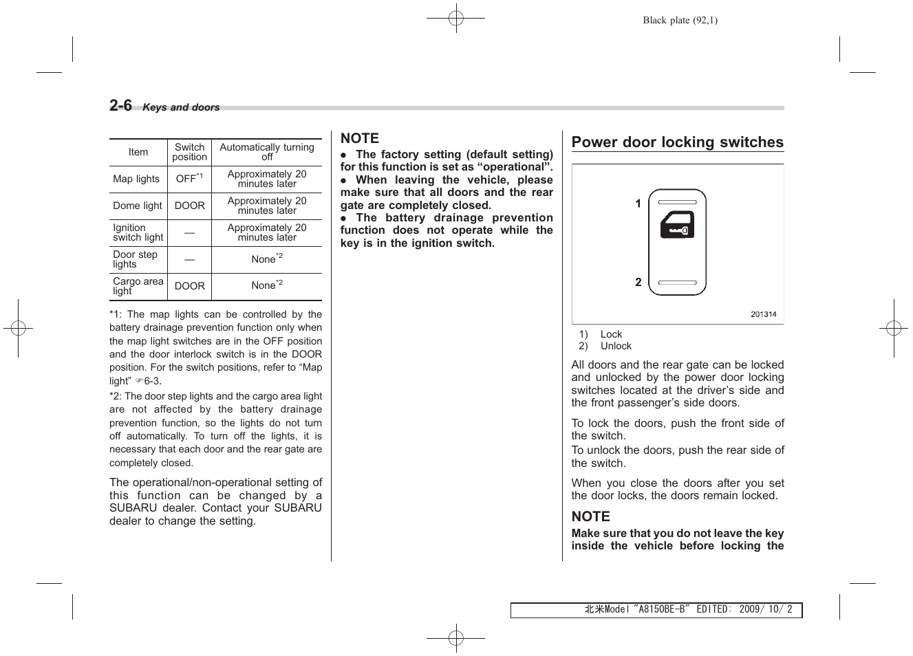 Power door locking switches | Subaru 2010 Forester User Manual | Page 103 / 414