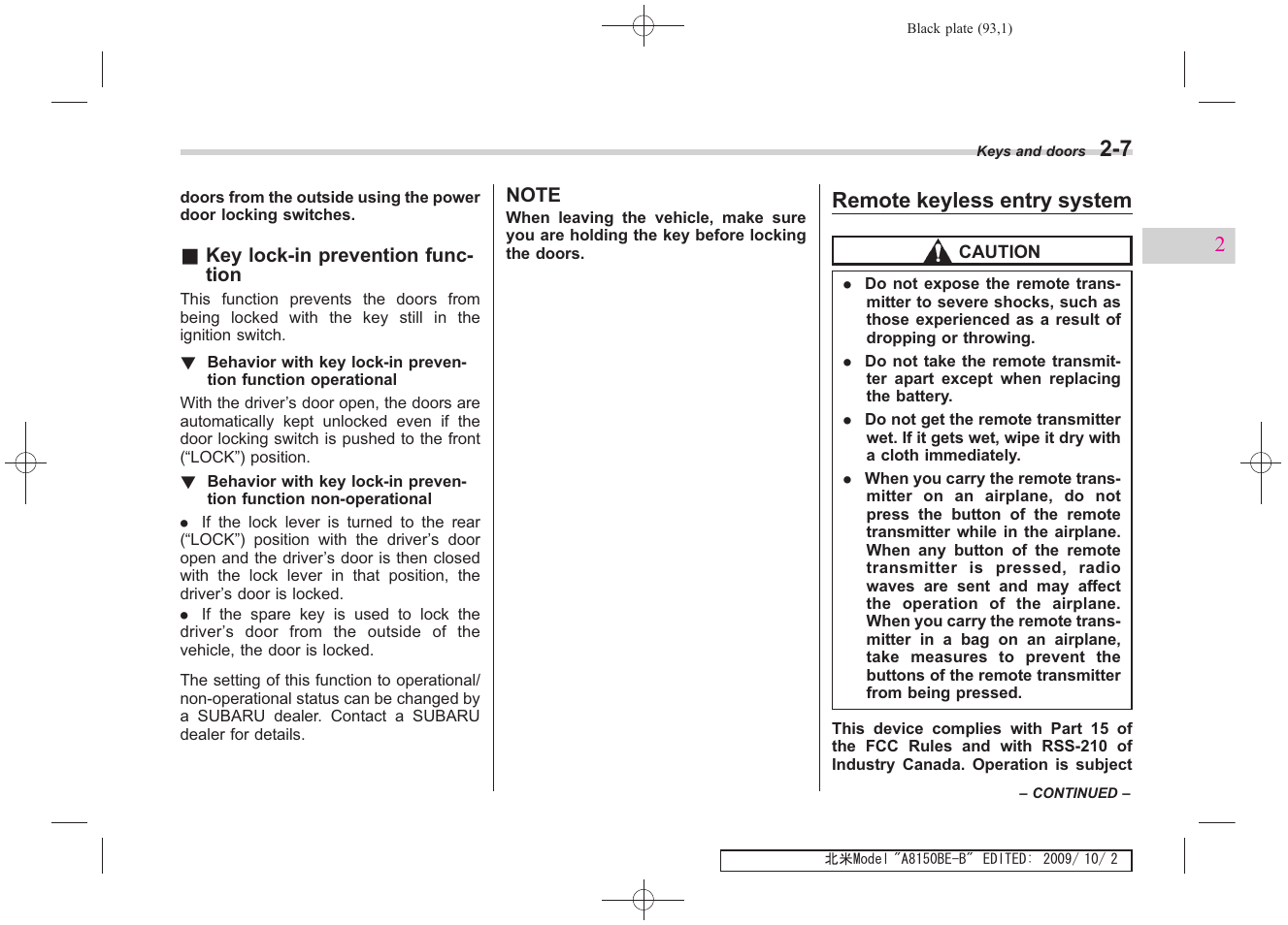 Remote keyless entry system | Subaru 2010 Forester User Manual | Page 104 / 414