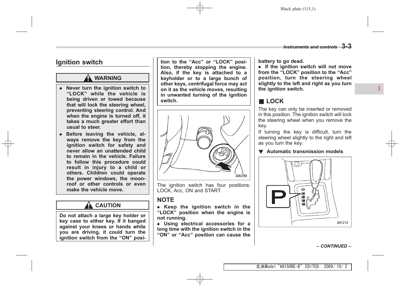 Ignition switch | Subaru 2010 Forester User Manual | Page 126 / 414