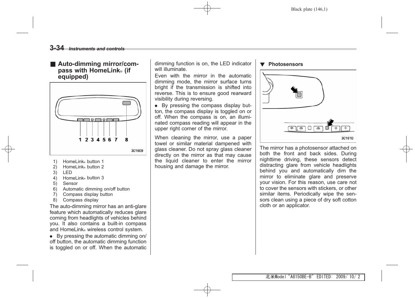 Auto-dimming mirror/com- pass with homelink, If equipped) | Subaru 2010 Forester User Manual | Page 157 / 414