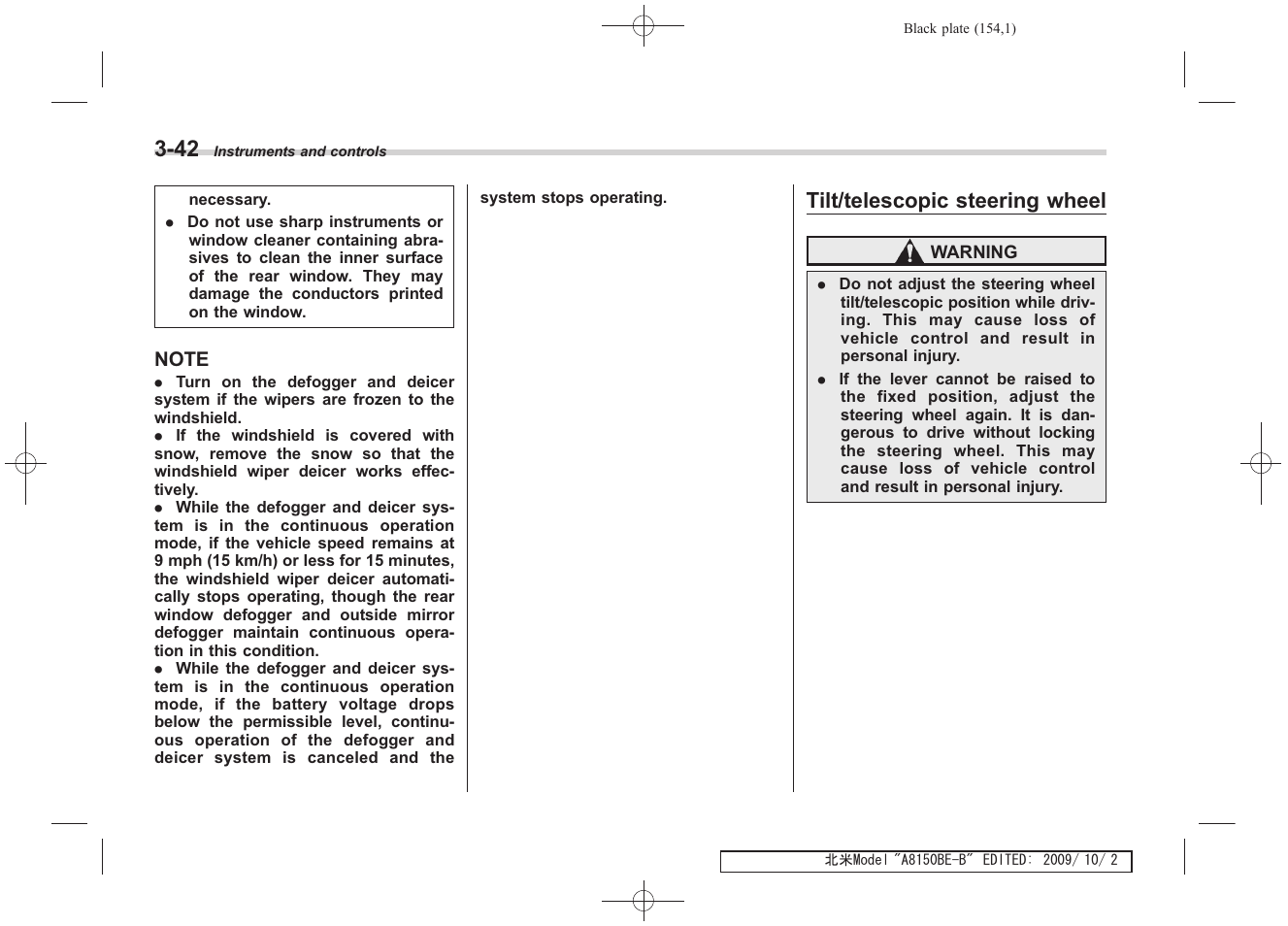 Tilt/telescopic steering wheel | Subaru 2010 Forester User Manual | Page 165 / 414