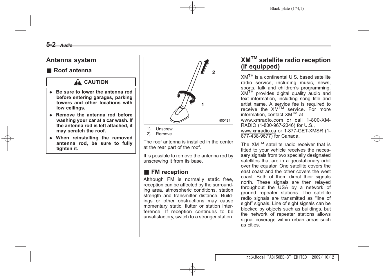 Antenna system, Satellite radio reception (if equipped) | Subaru 2010 Forester User Manual | Page 185 / 414