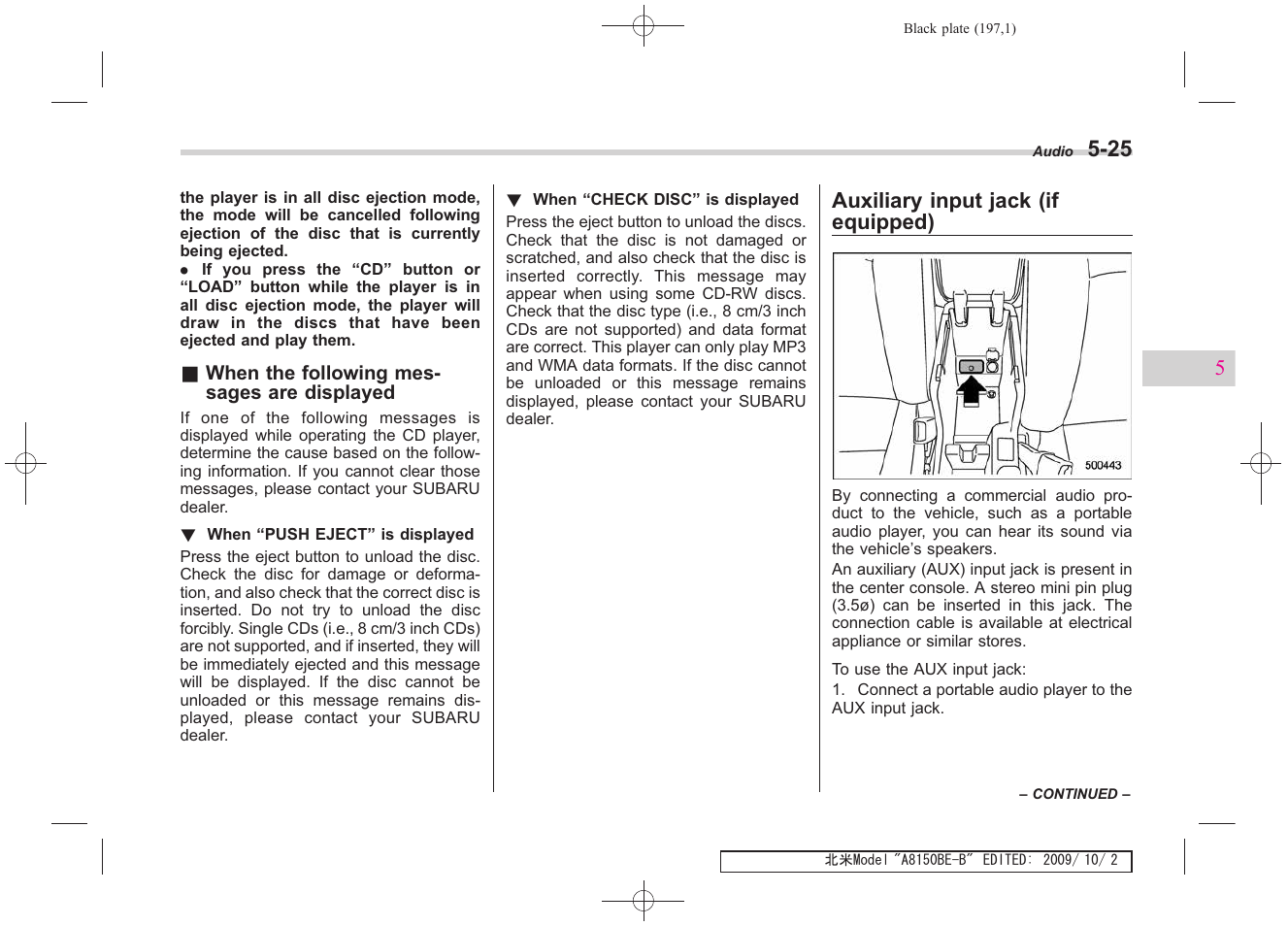 Auxiliary input jack (if equipped) | Subaru 2010 Forester User Manual | Page 208 / 414