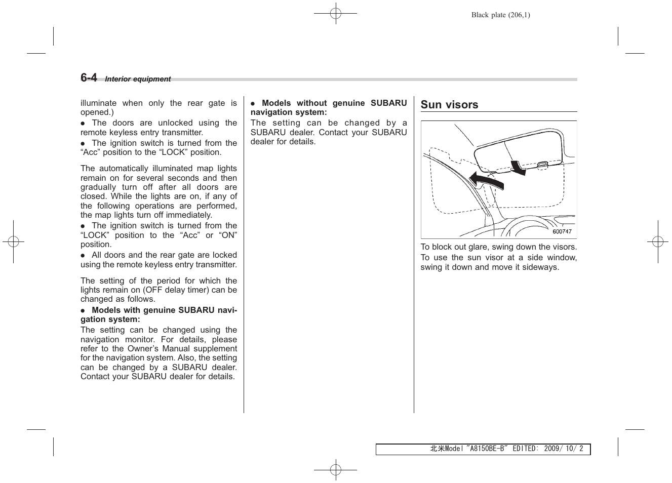 Sun visors | Subaru 2010 Forester User Manual | Page 217 / 414