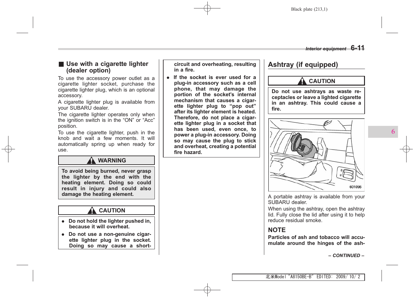 Ashtray (if equipped) | Subaru 2010 Forester User Manual | Page 224 / 414