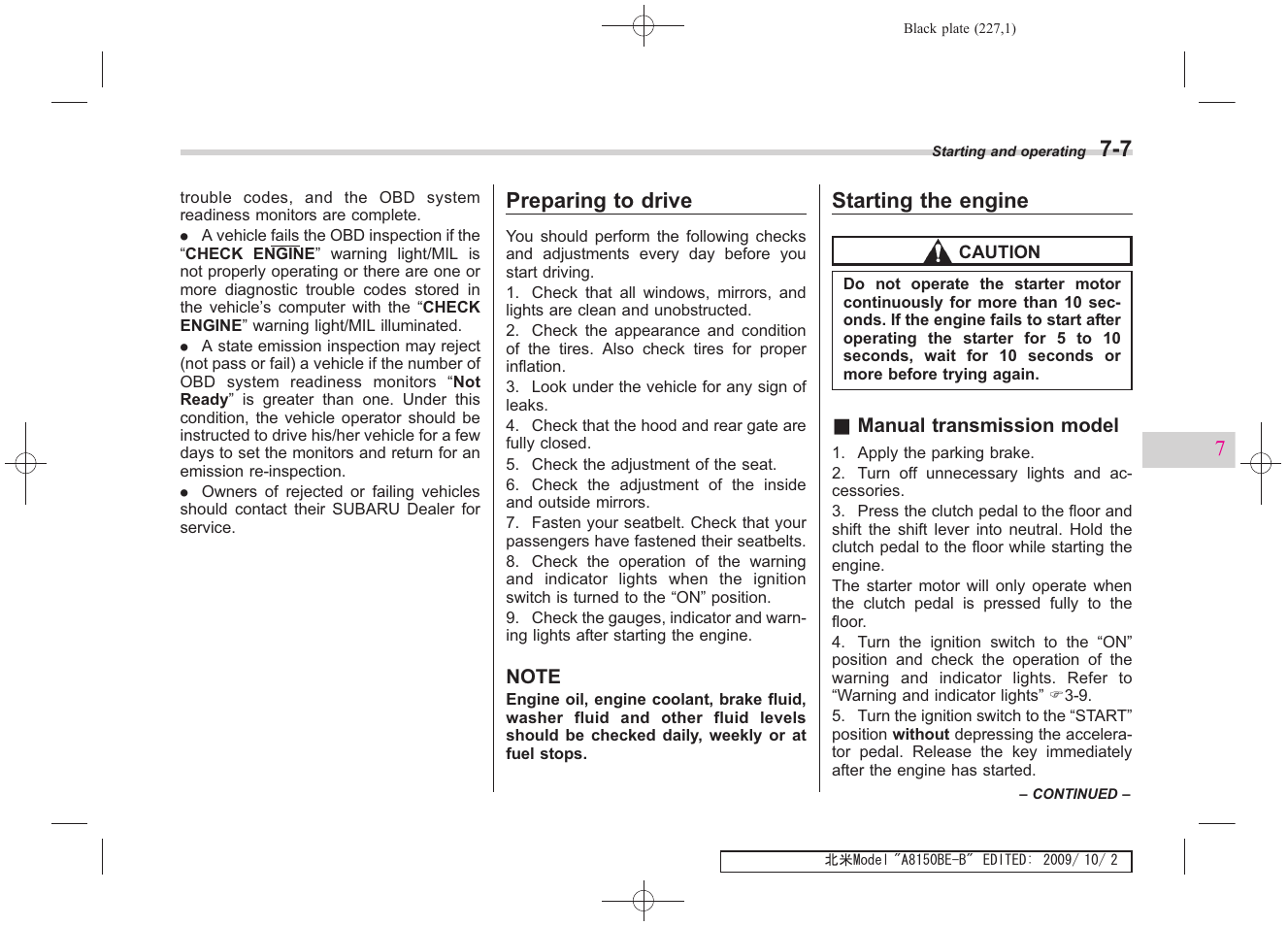 Preparing to drive, Starting the engine | Subaru 2010 Forester User Manual | Page 236 / 414