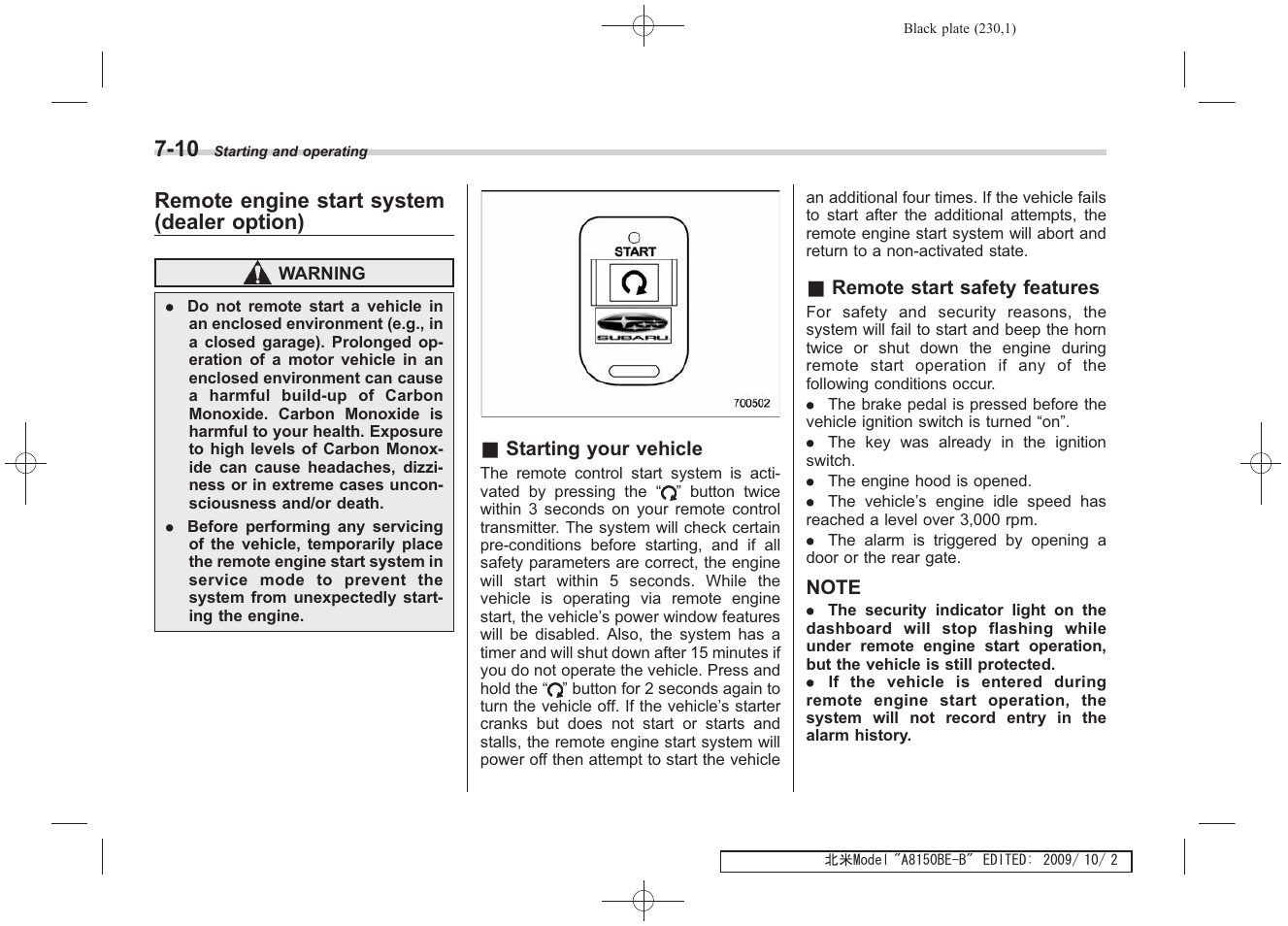 Remote engine start system (dealer option) | Subaru 2010 Forester User Manual | Page 239 / 414