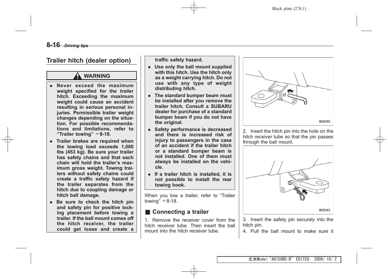 Trailer hitch (dealer option) | Subaru 2010 Forester User Manual | Page 283 / 414