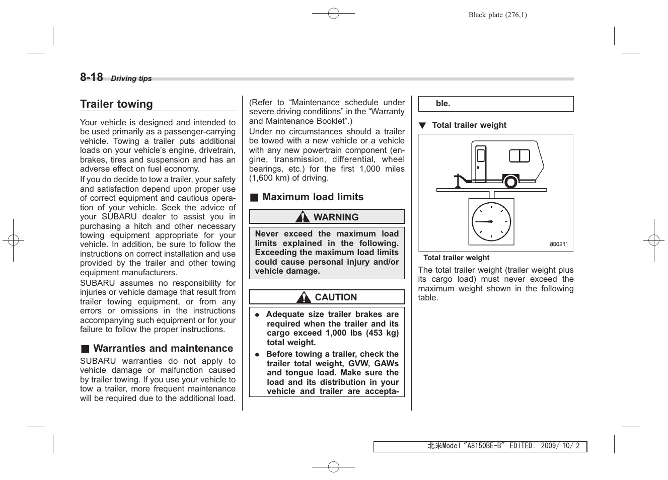 Trailer towing | Subaru 2010 Forester User Manual | Page 285 / 414