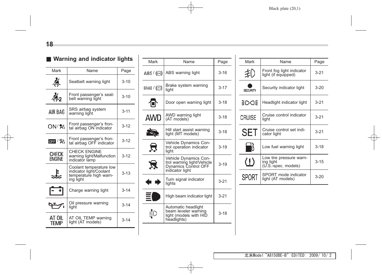 Warning and indicator lights | Subaru 2010 Forester User Manual | Page 29 / 414