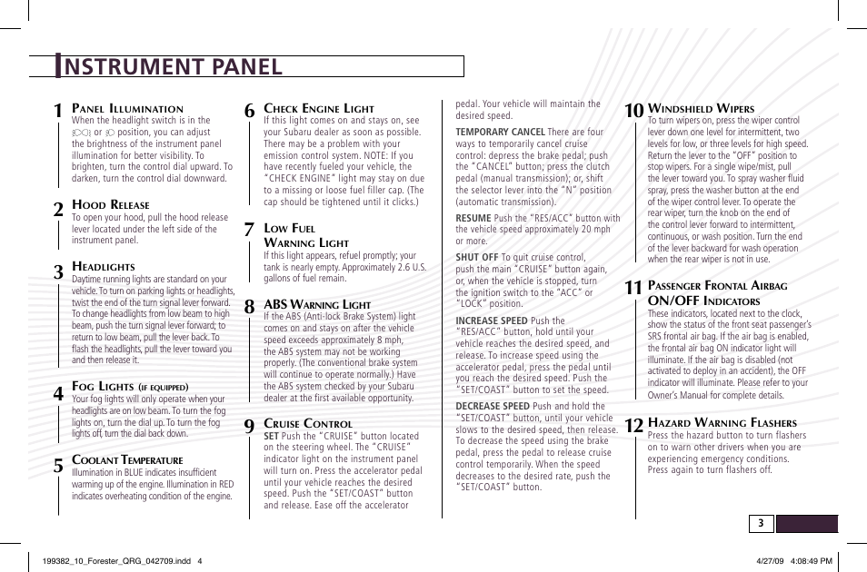 Nstrument panel | Subaru 2010 Forester User Manual | Page 3 / 414