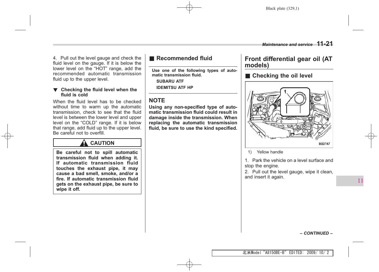 Front differential gear oil (at models) | Subaru 2010 Forester User Manual | Page 338 / 414