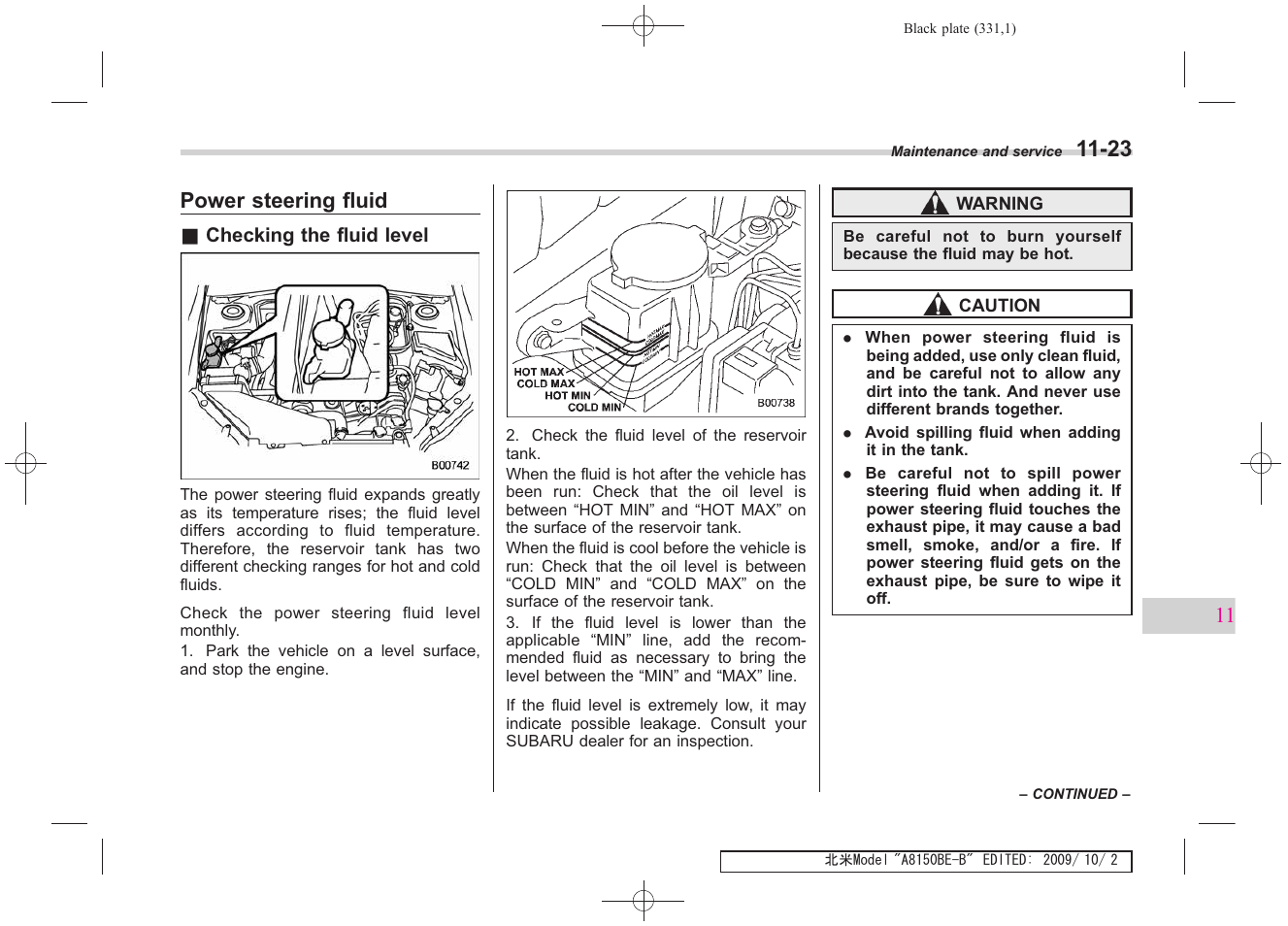 Power steering fluid | Subaru 2010 Forester User Manual | Page 340 / 414