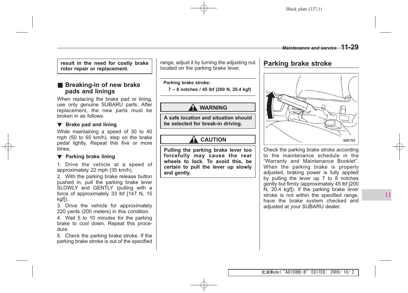 Parking brake stroke | Subaru 2010 Forester User Manual | Page 346 / 414