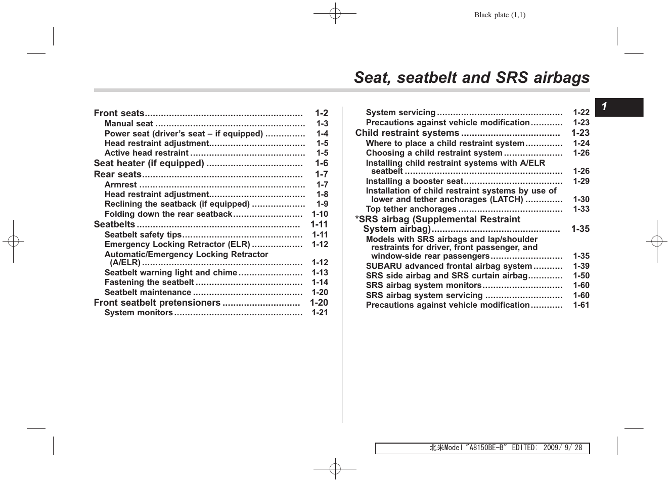 Seat, seatbelt and srs airbags | Subaru 2010 Forester User Manual | Page 36 / 414