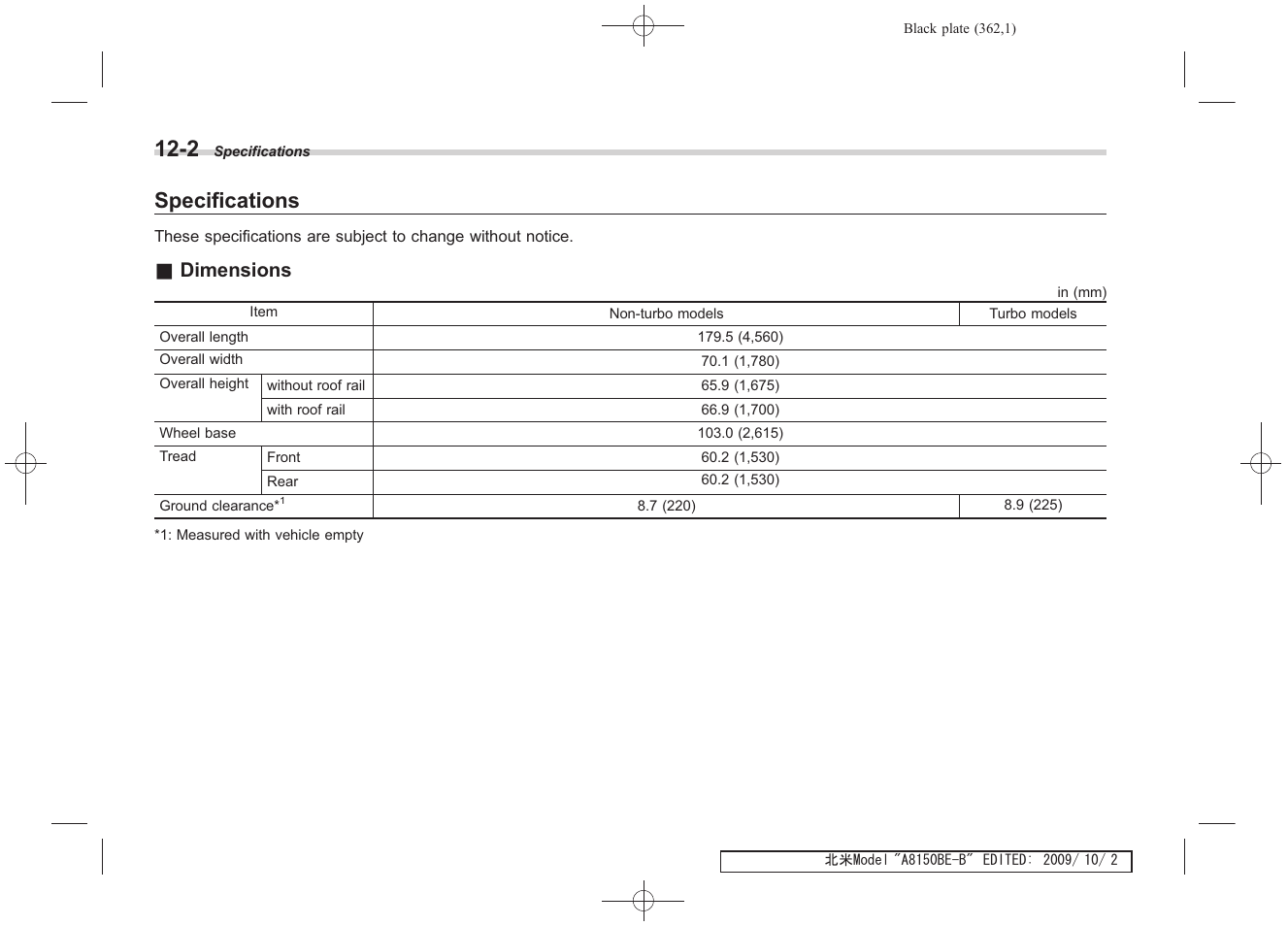 Specifications, Dimensions | Subaru 2010 Forester User Manual | Page 371 / 414