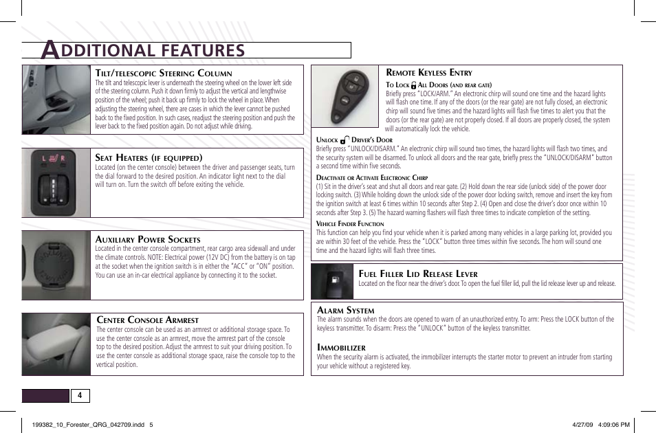 Dditional features | Subaru 2010 Forester User Manual | Page 4 / 414