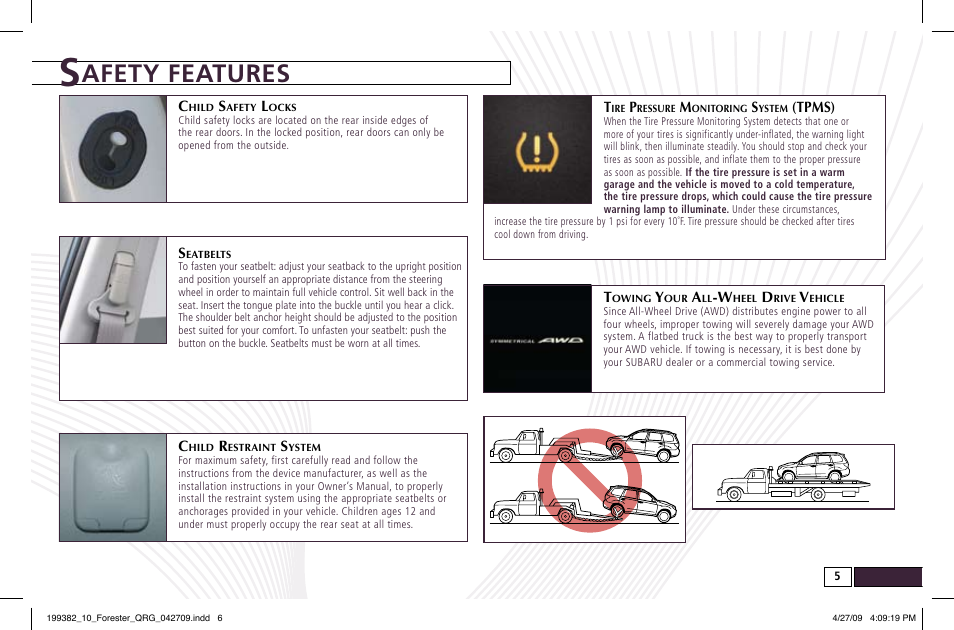 Afety features | Subaru 2010 Forester User Manual | Page 5 / 414