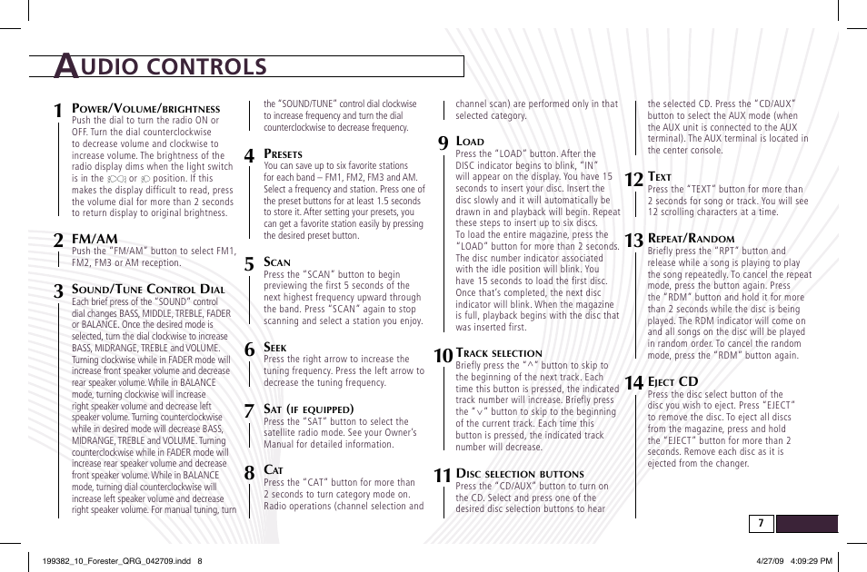 Udio controls | Subaru 2010 Forester User Manual | Page 7 / 414