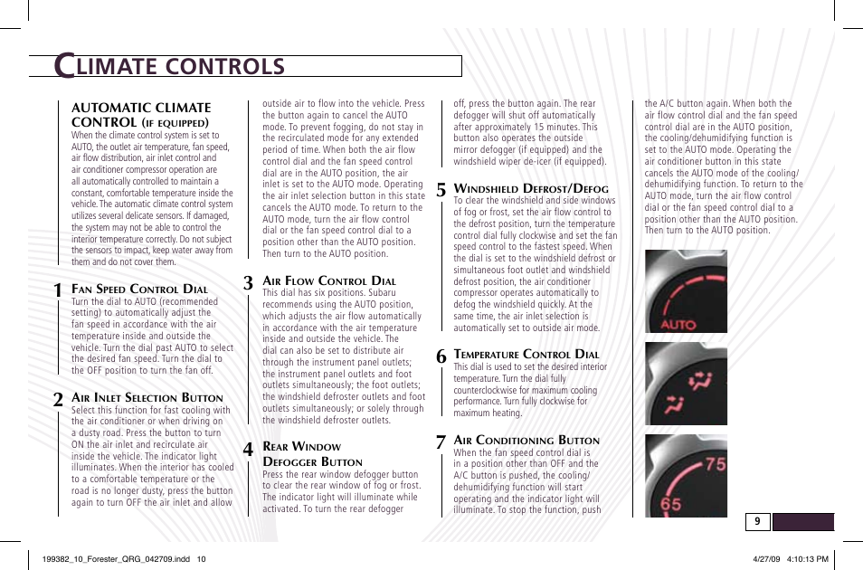 Limate controls | Subaru 2010 Forester User Manual | Page 9 / 414