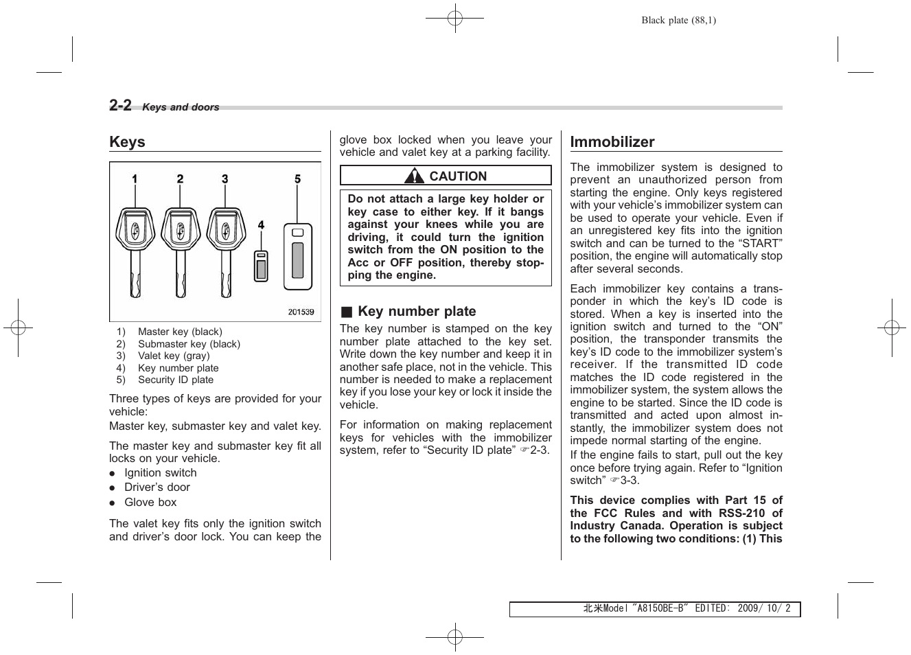 Keys, Immobilizer | Subaru 2010 Forester User Manual | Page 99 / 414