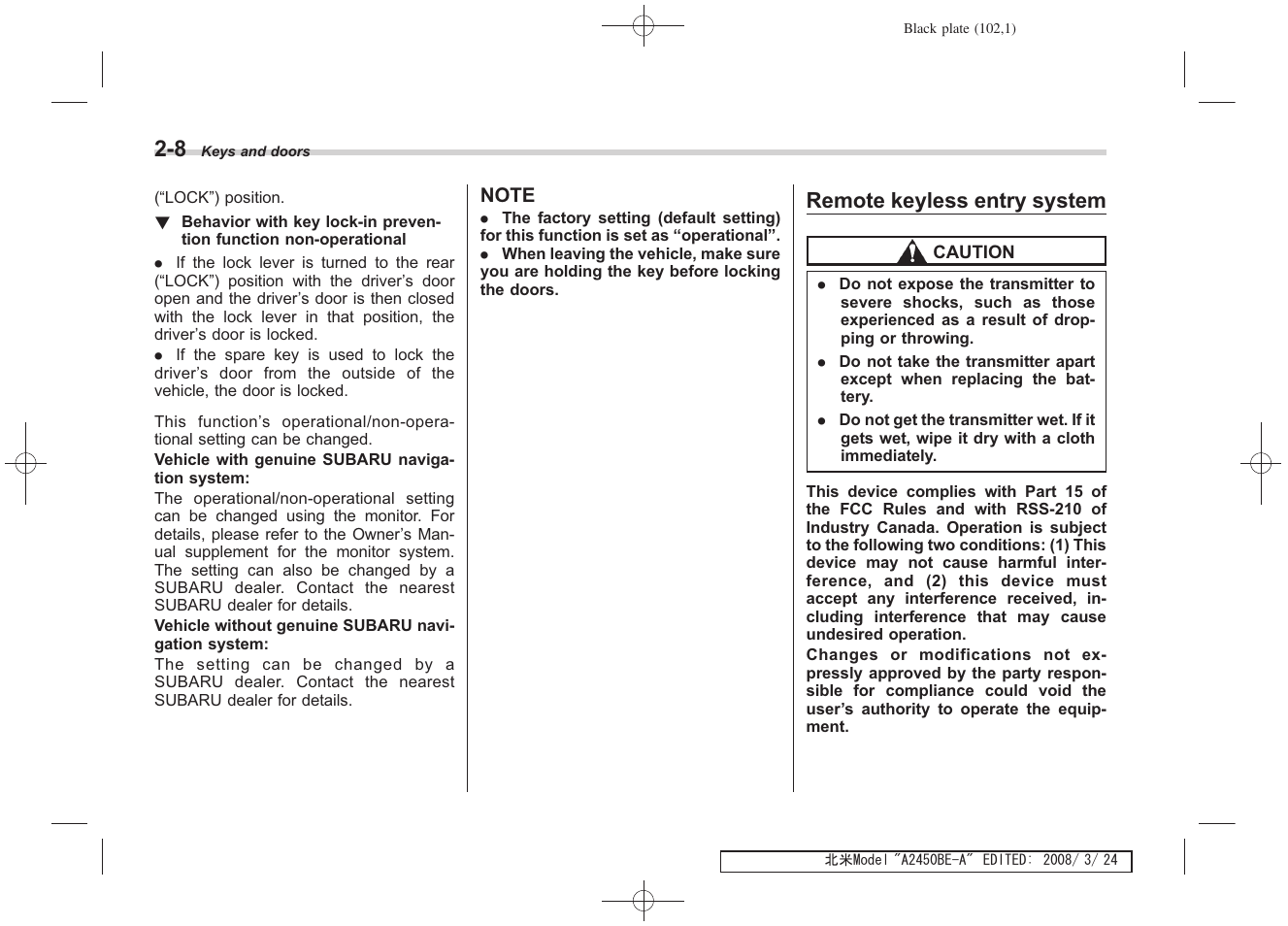Remote keyless entry system | Subaru 2009 Legacy User Manual | Page 100 / 447