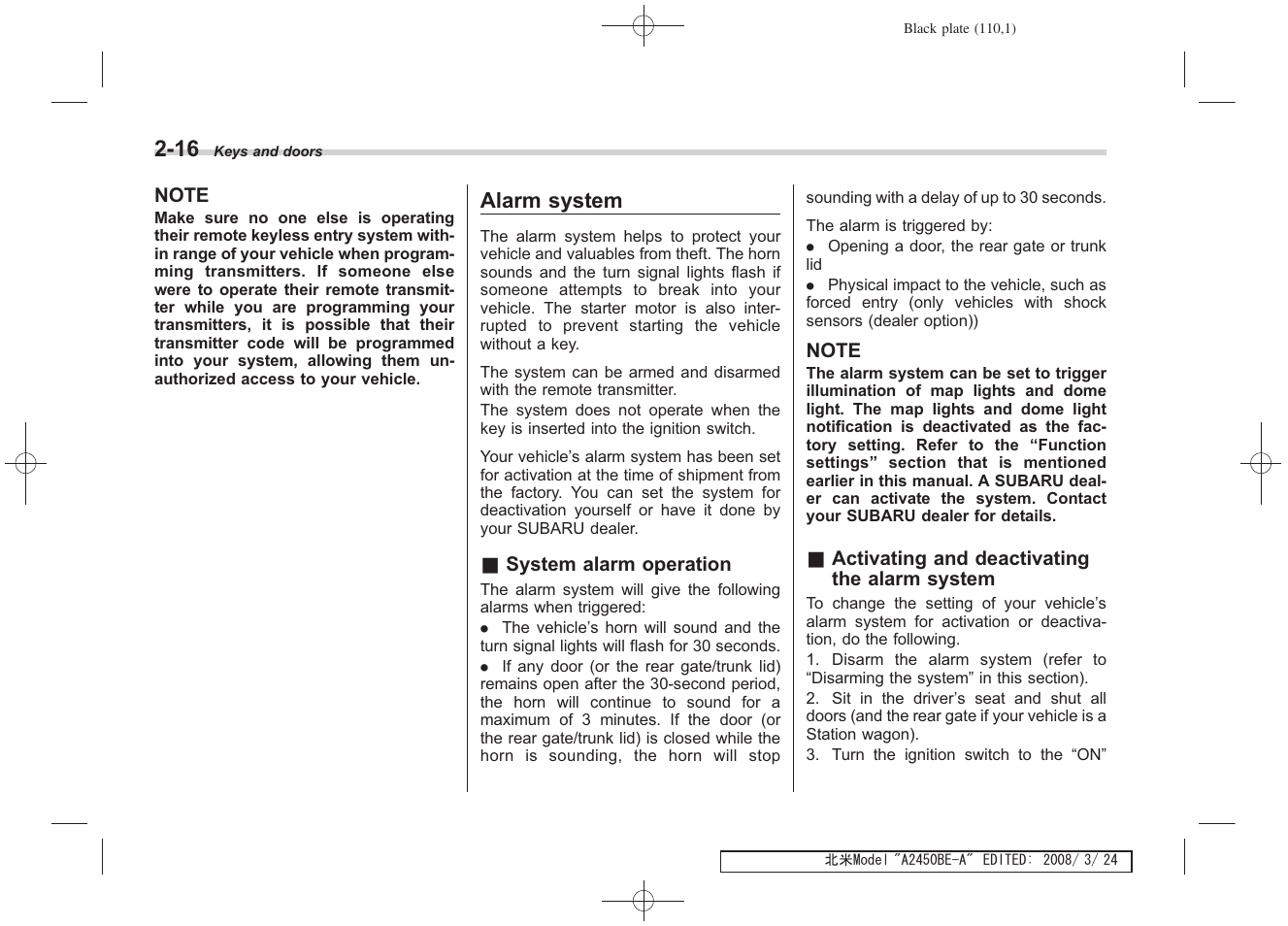 Alarm system | Subaru 2009 Legacy User Manual | Page 108 / 447