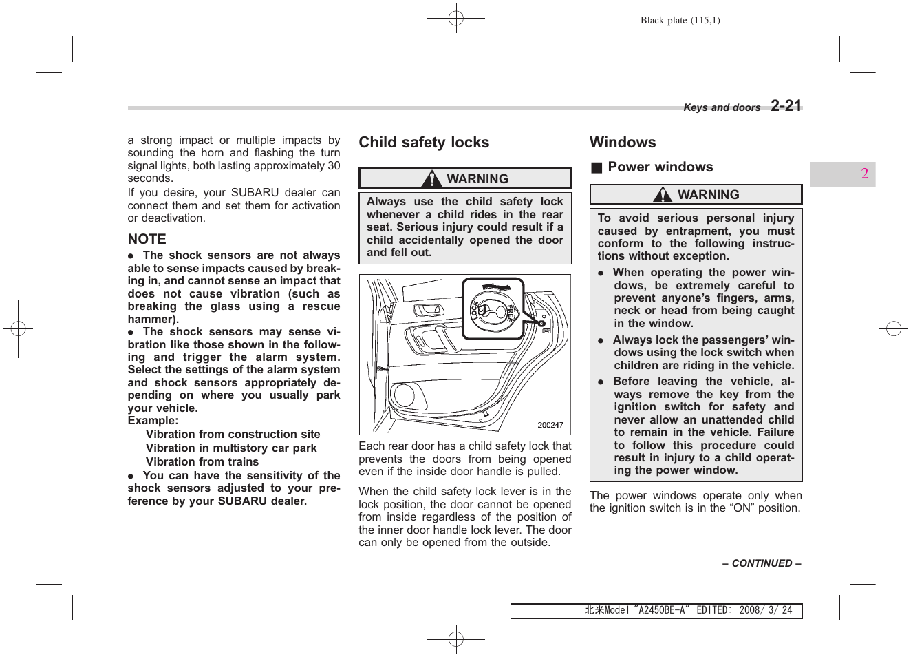 Child safety locks, Windows | Subaru 2009 Legacy User Manual | Page 113 / 447