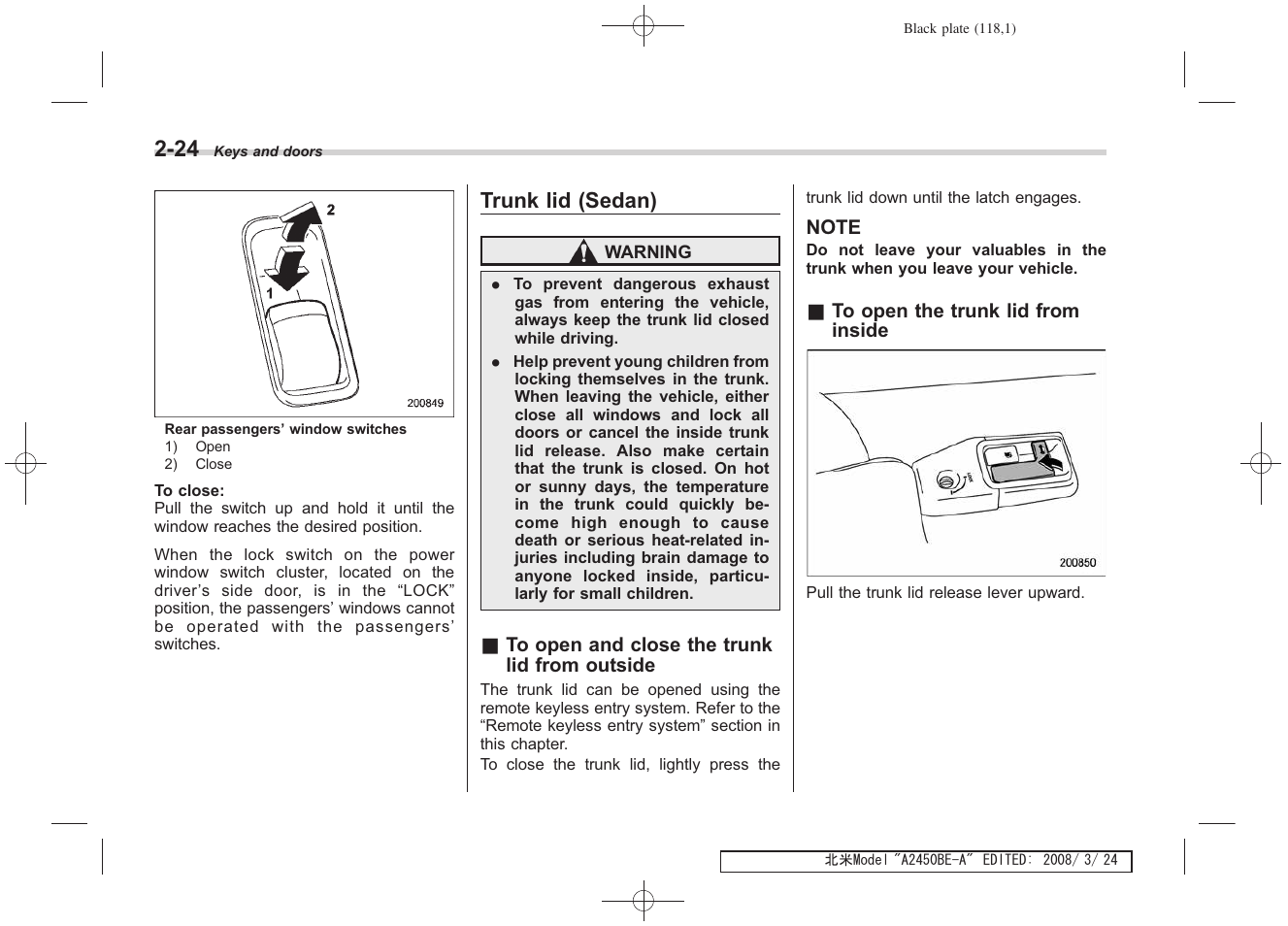 Trunk lid (sedan) | Subaru 2009 Legacy User Manual | Page 116 / 447