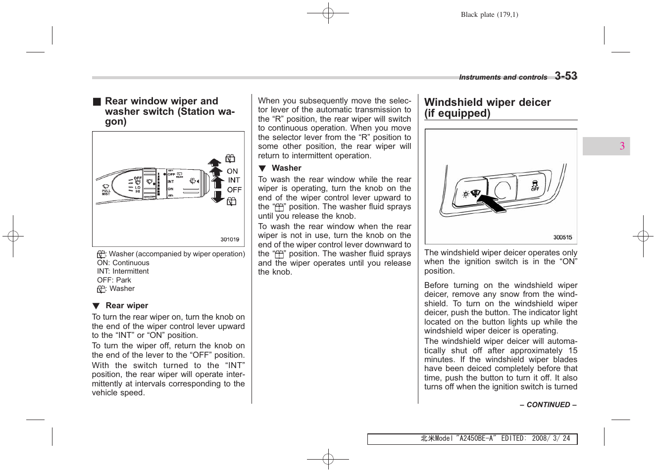 Windshield wiper deicer (if equipped) | Subaru 2009 Legacy User Manual | Page 176 / 447