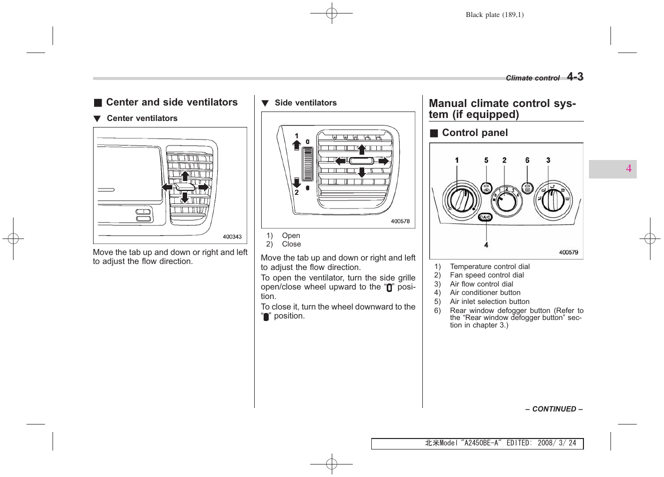 Manual climate control sys- tem (if equipped) | Subaru 2009 Legacy User Manual | Page 185 / 447