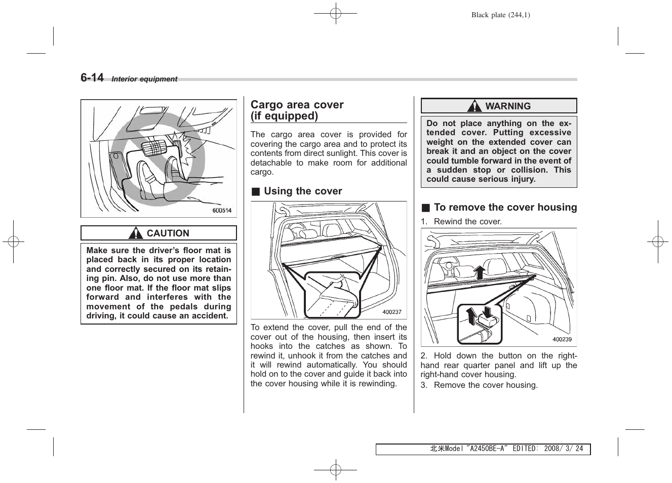 Cargo area cover (if equipped) | Subaru 2009 Legacy User Manual | Page 237 / 447