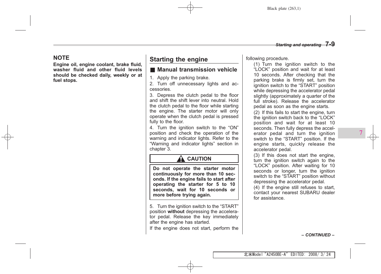 Starting the engine | Subaru 2009 Legacy User Manual | Page 255 / 447