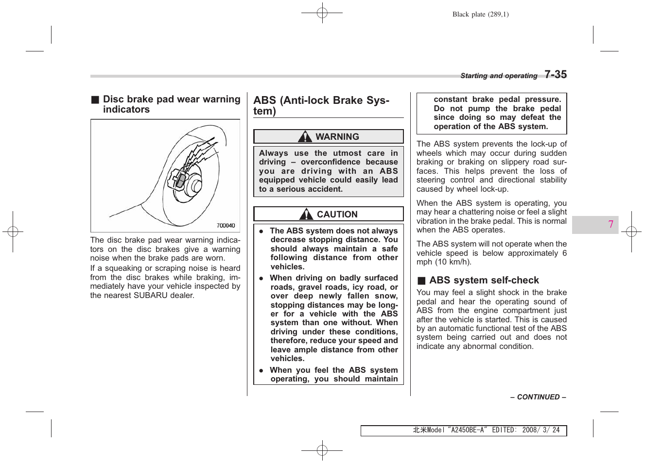 Abs (anti-lock brake sys- tem) | Subaru 2009 Legacy User Manual | Page 281 / 447
