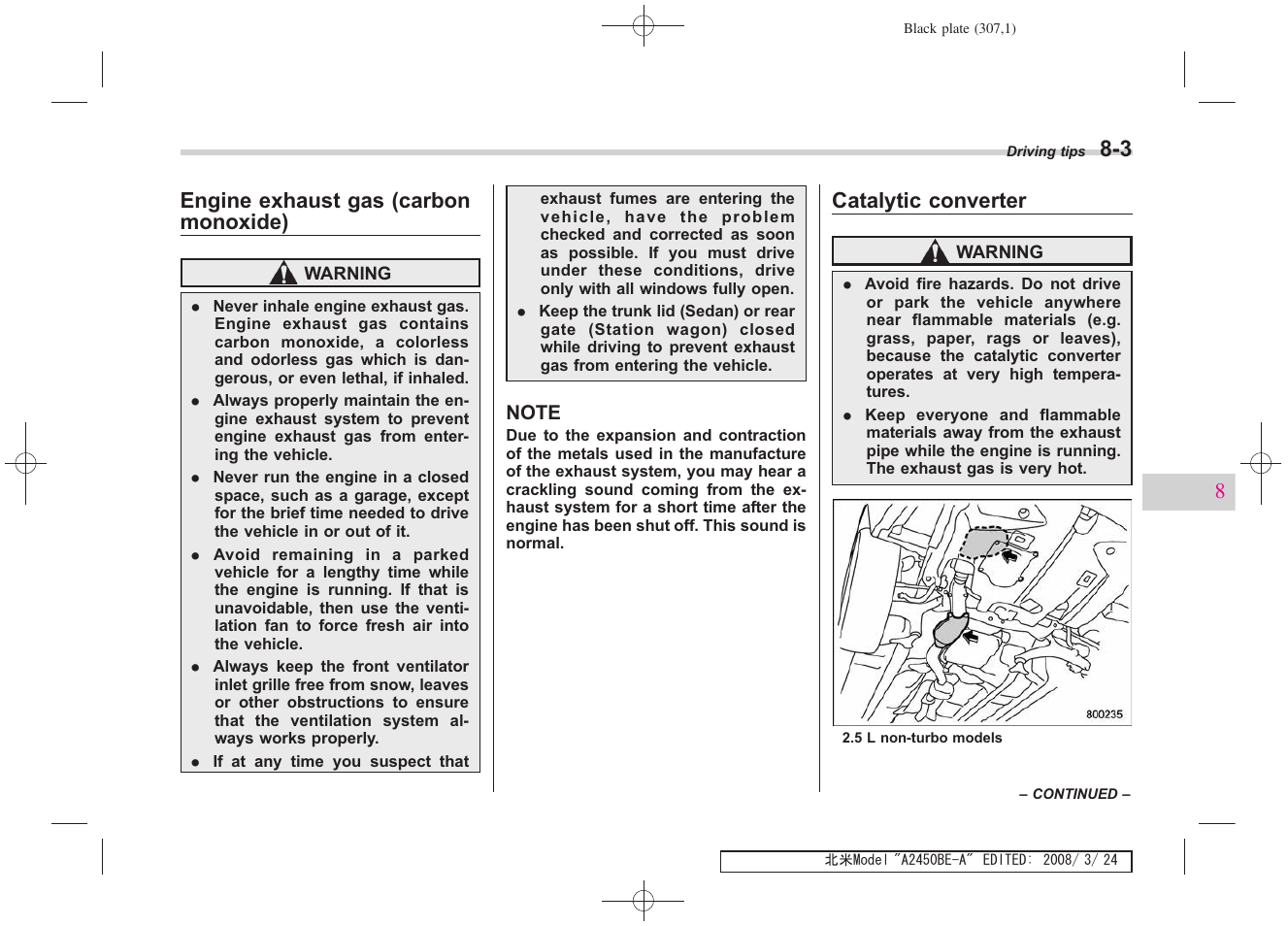 Engine exhaust gas (carbon monoxide), Catalytic converter | Subaru 2009 Legacy User Manual | Page 299 / 447