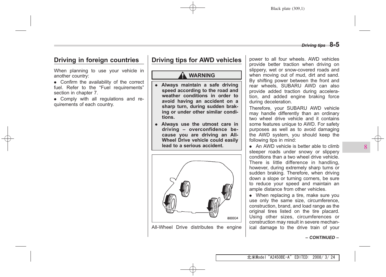 Driving in foreign countries, Driving tips for awd vehicles | Subaru 2009 Legacy User Manual | Page 301 / 447
