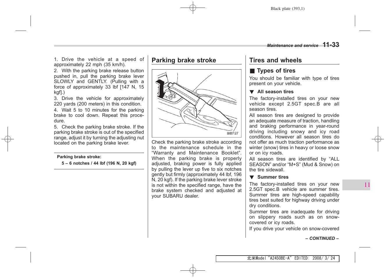 Parking brake stroke, Tires and wheels | Subaru 2009 Legacy User Manual | Page 383 / 447