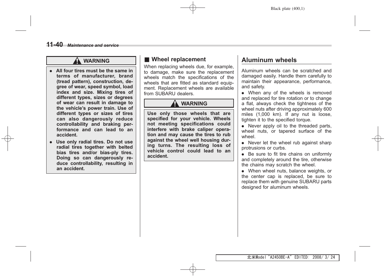 Aluminum wheels | Subaru 2009 Legacy User Manual | Page 390 / 447