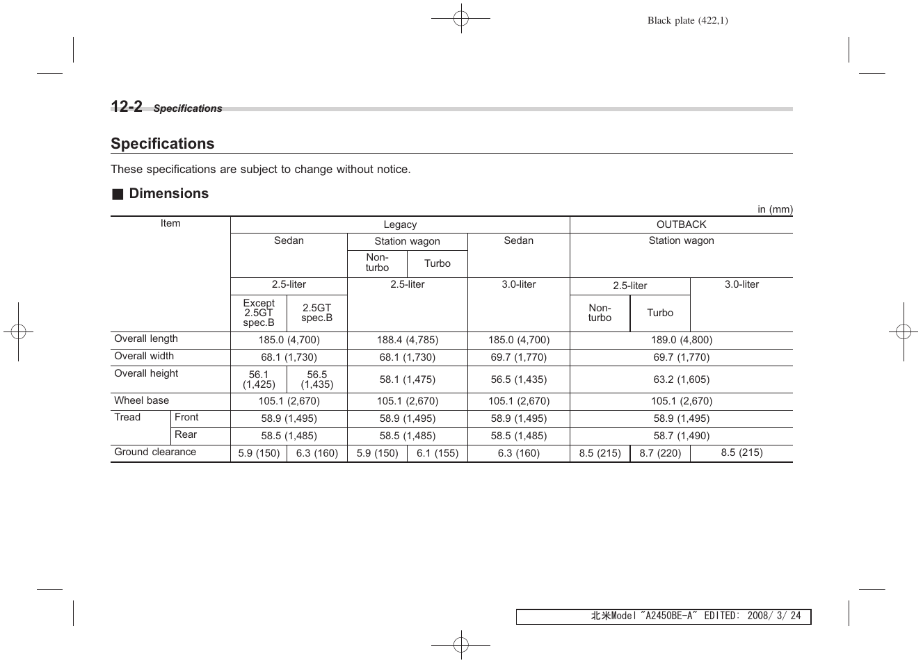 Specifications, Dimensions | Subaru 2009 Legacy User Manual | Page 411 / 447