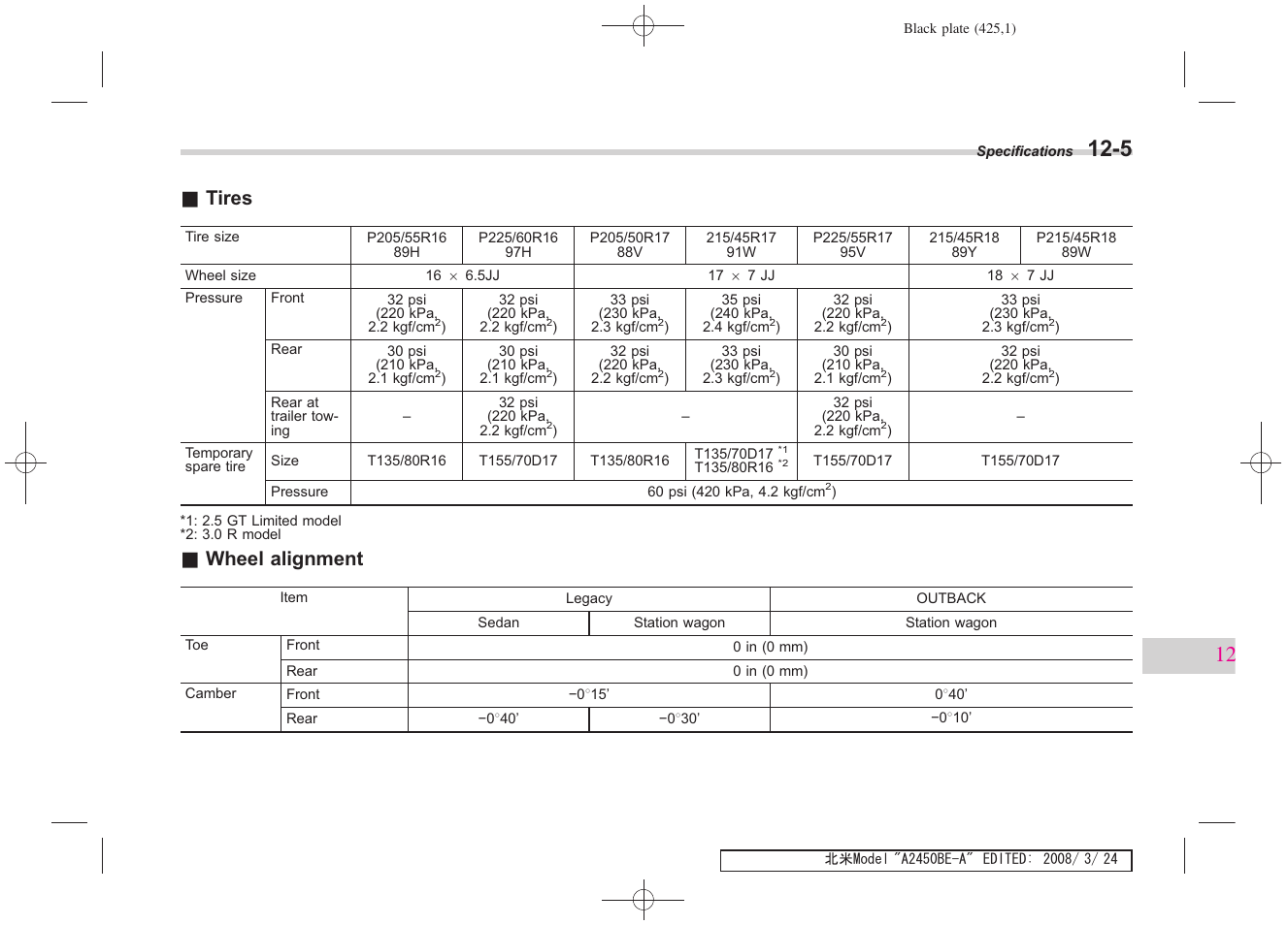 Tires, Wheel alignment | Subaru 2009 Legacy User Manual | Page 414 / 447