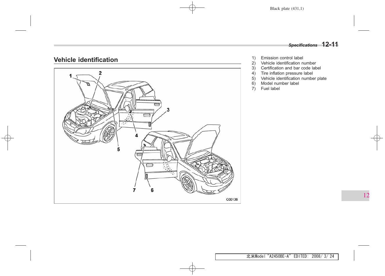 Vehicle identification | Subaru 2009 Legacy User Manual | Page 420 / 447
