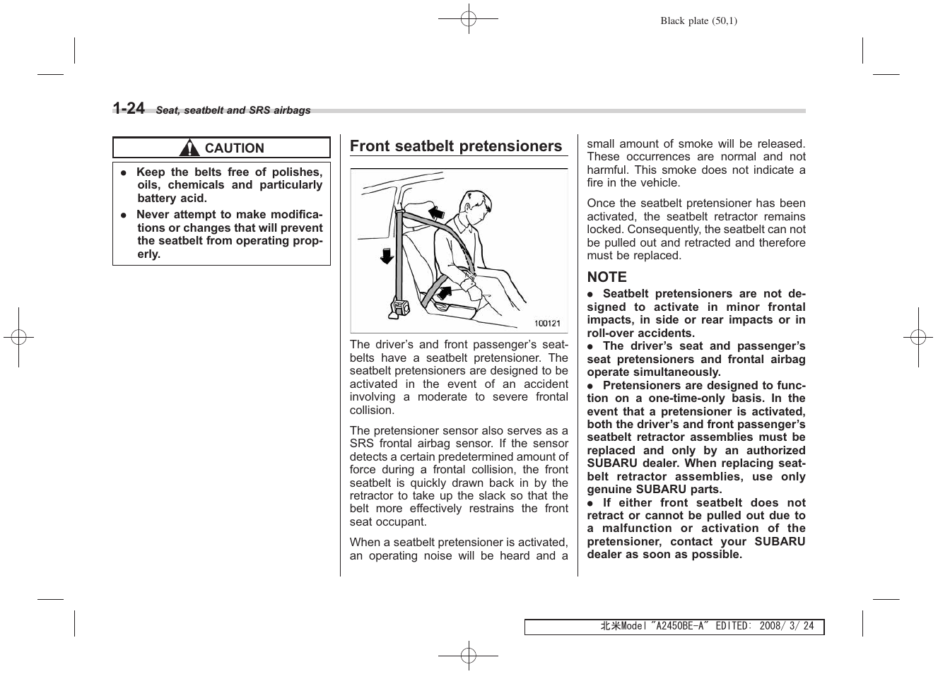Front seatbelt pretensioners | Subaru 2009 Legacy User Manual | Page 50 / 447