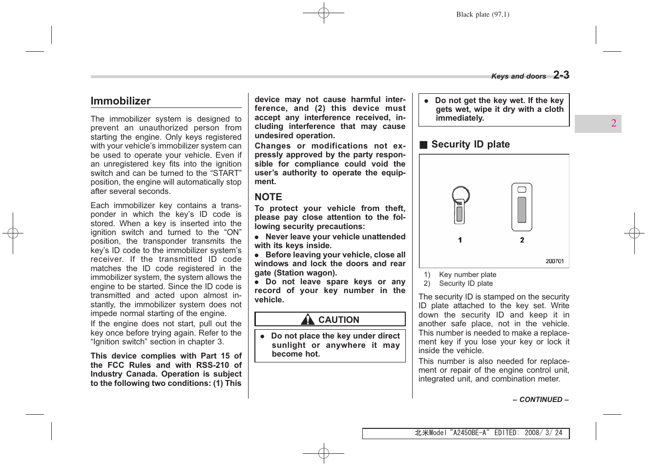 Immobilizer | Subaru 2009 Legacy User Manual | Page 95 / 447