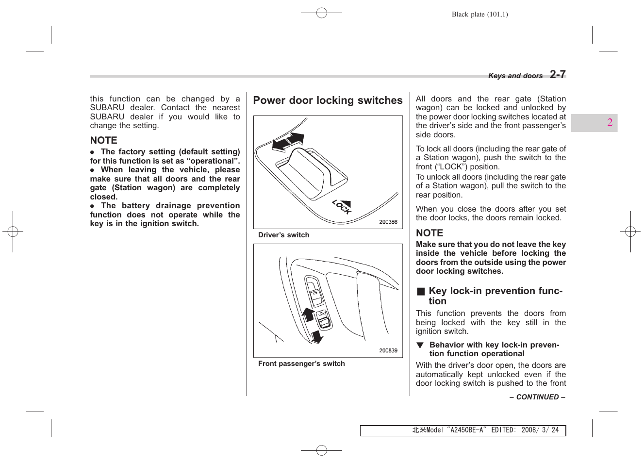 Power door locking switches | Subaru 2009 Legacy User Manual | Page 99 / 447