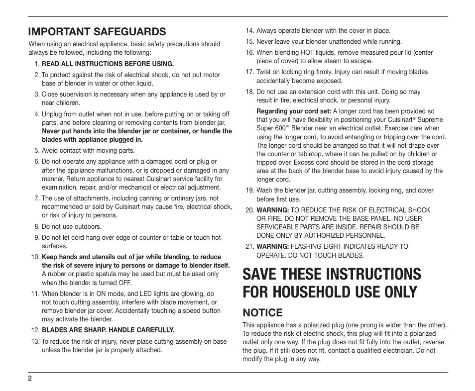 Save these instructions for household use only, Important safeguards, Notice | Cuisinart SB-5600 User Manual | Page 2 / 25