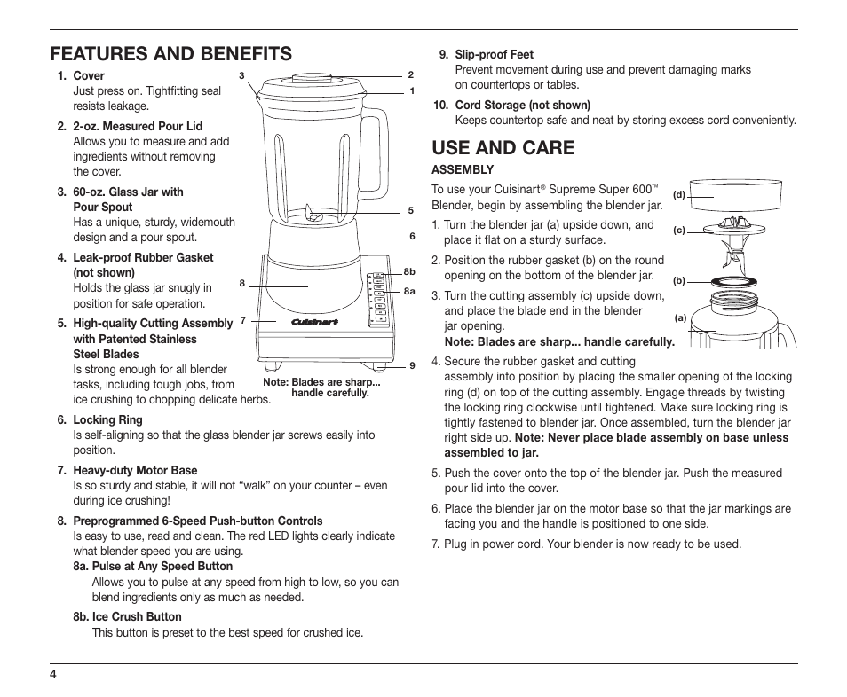 Features and benefits, Use and care | Cuisinart SB-5600 User Manual | Page 4 / 25