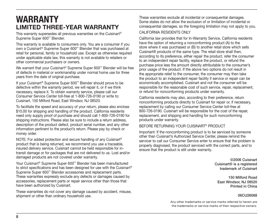 Warranty, Limited three-year warranty | Cuisinart SB-5600 User Manual | Page 8 / 25