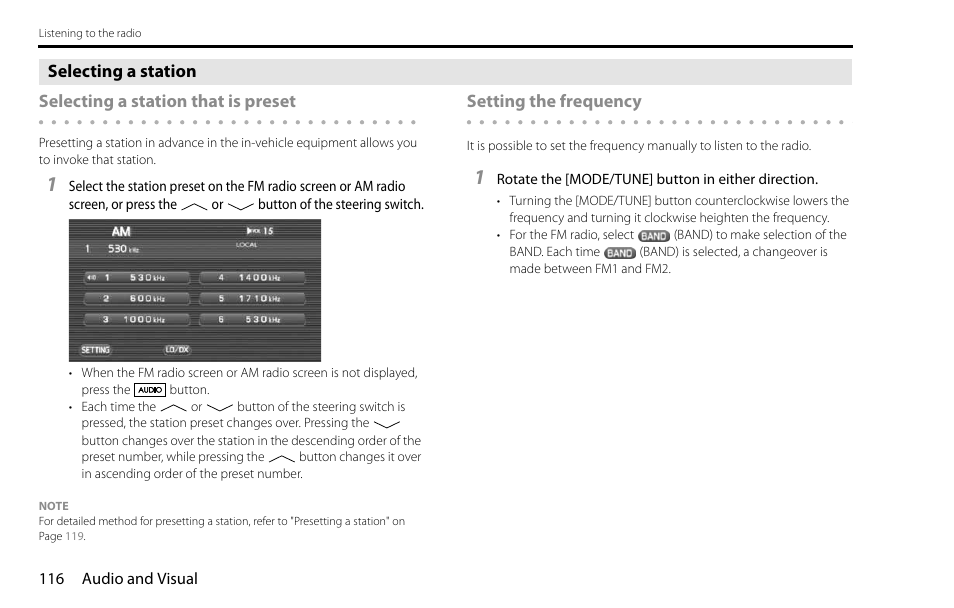 Setting the frequency | Subaru 2009 Impreza Navigation System User Manual | Page 116 / 248