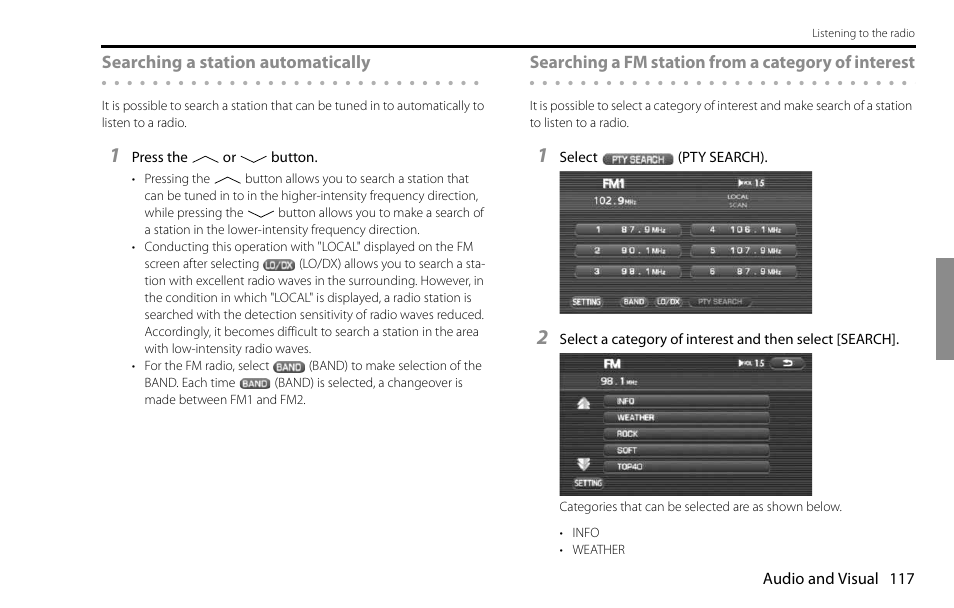 Searching a station automatically, Searching a fm station from a category of interest | Subaru 2009 Impreza Navigation System User Manual | Page 117 / 248